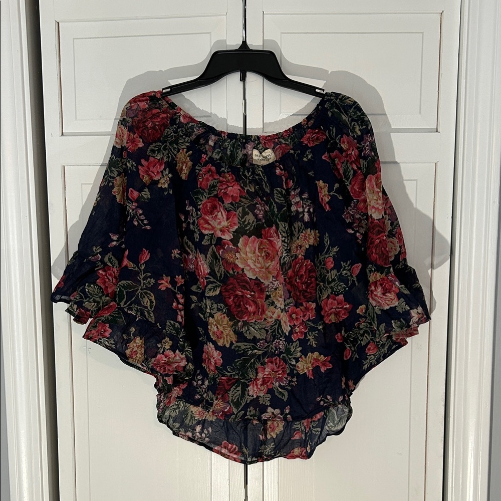 Denim&Supply Ralph Lauren Off -Shoulder Peasant Top Navy w/Red & Pink Roses sz L